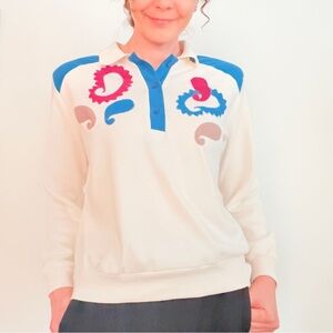 80s Paisley Appliqué Jersey Top Small / Medium Cream Magenta Blue